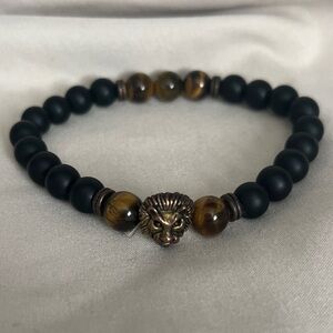 Men’s Tigers Eye & Matte Onyx Lion Head Energy Beads Bracelet
